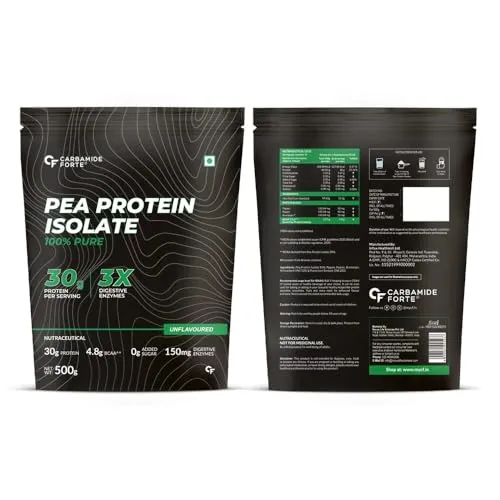 Carbamide Forte Pea Protein Isolate 30g per serving | Vegan Plant Protein Powder Isolate with 4.8g BCAA | 100% Pure Unflavoured Plant Pea Protein Powder - 500g