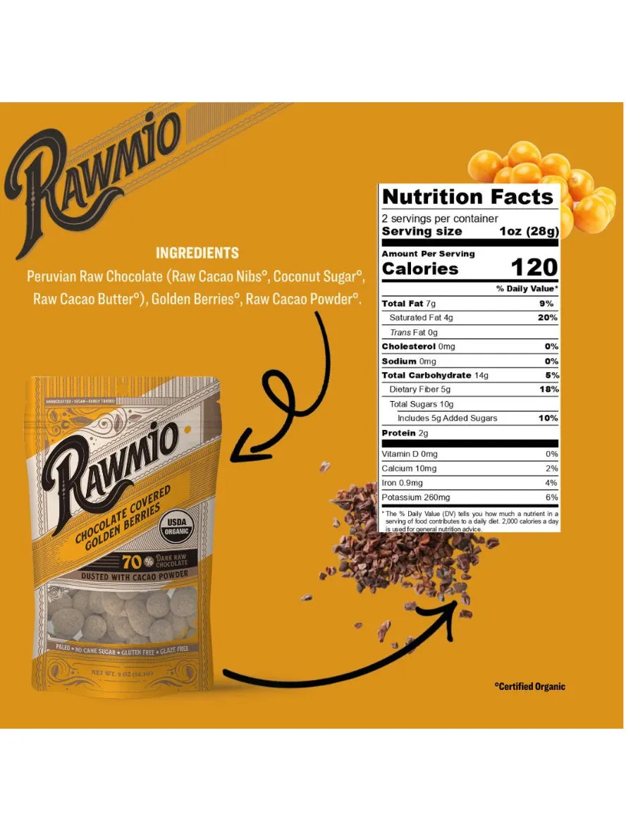 Chocolate Covered Golden Berries, 2oz, Rawmio