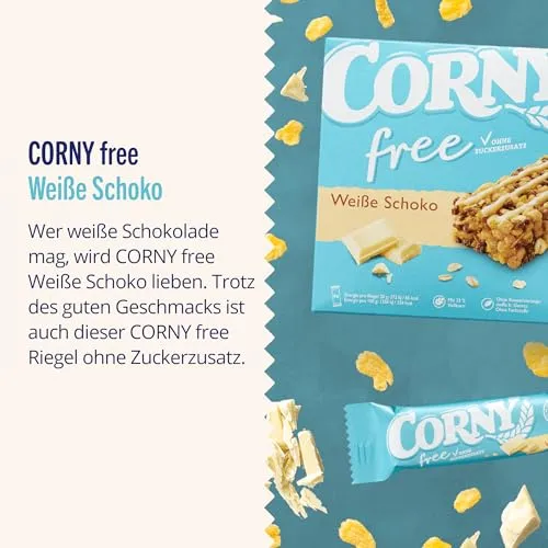 Corny Free White Chocolate Muesli Bars, No Added Sugar, 67 kcal/Bar, 60x20g | Light & Tasty Snack Choice