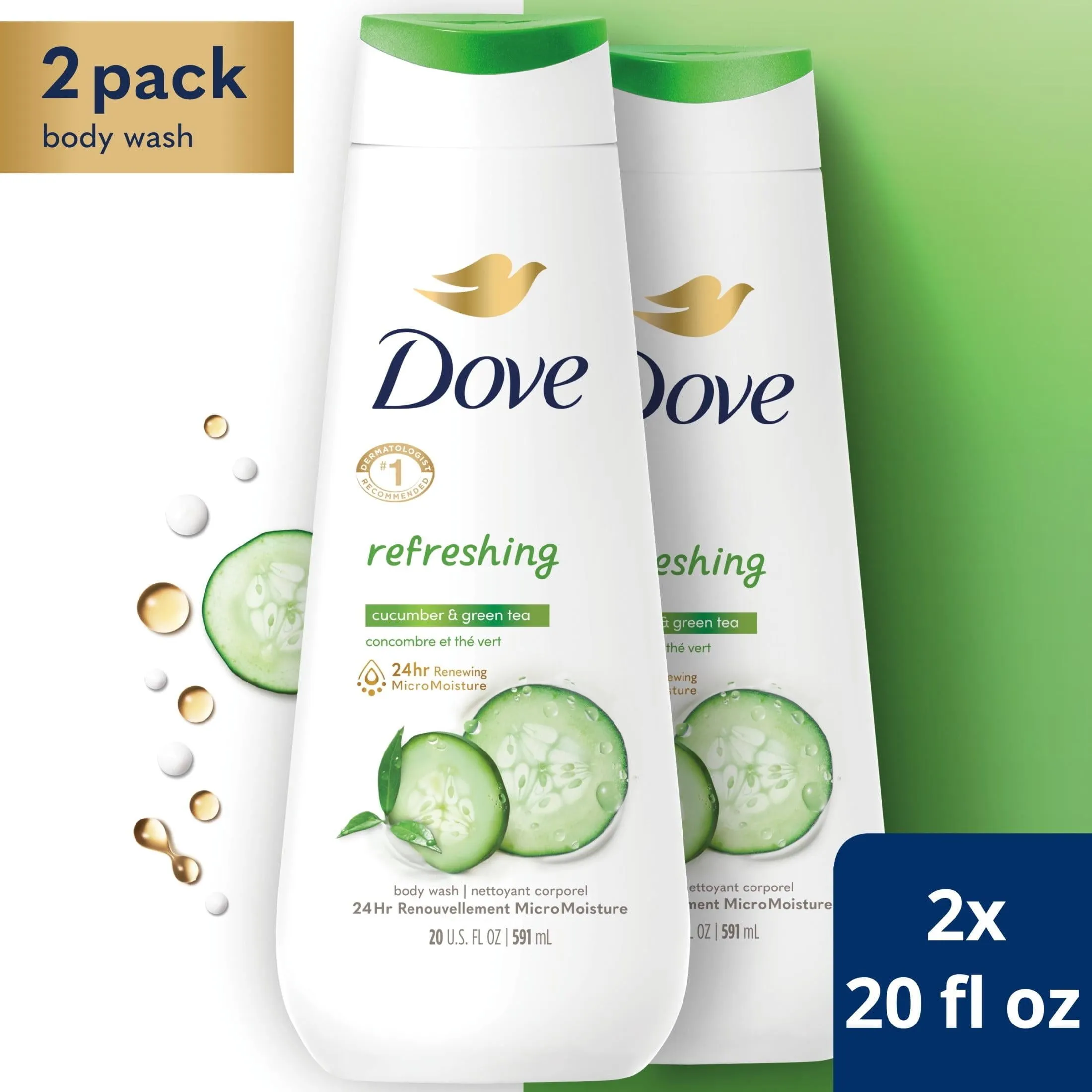 Dove Refreshing Long Lasting Gentle Body Wash Twin Pack, Cucumber and Green Tea, 20 fl oz