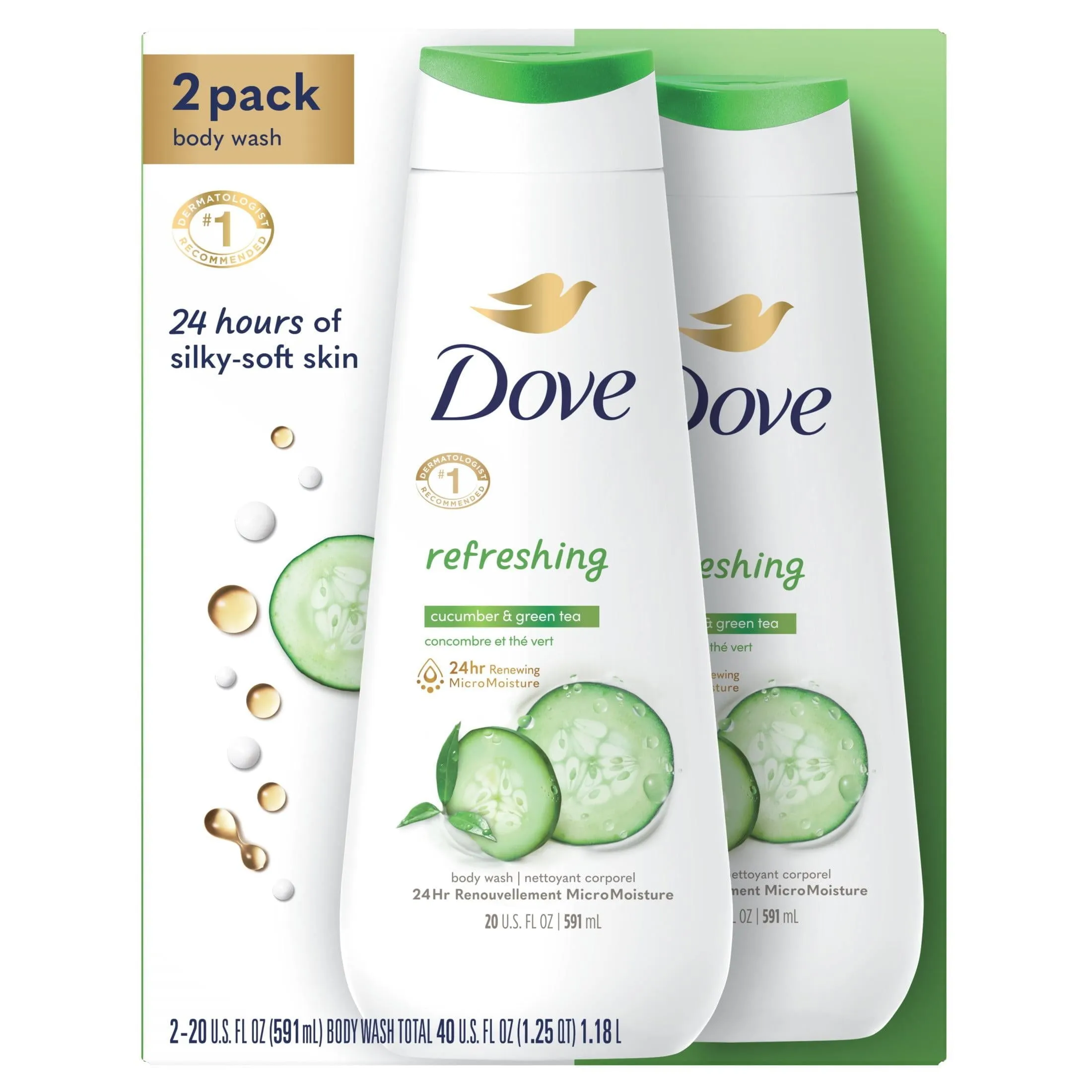 Dove Refreshing Long Lasting Gentle Body Wash Twin Pack, Cucumber and Green Tea, 20 fl oz