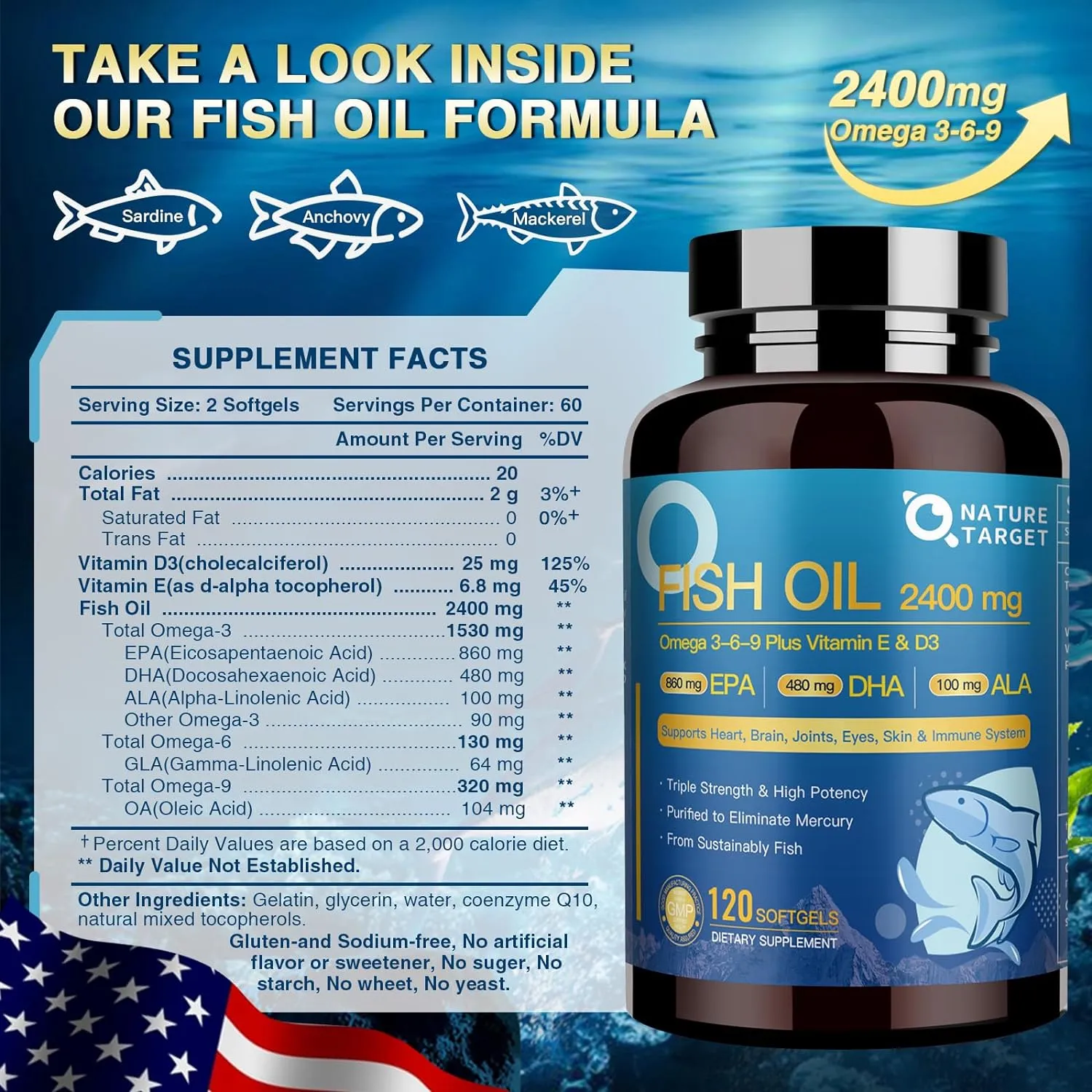 Fish Oil Supplements Softgels with Vitamin D3 & E - EPA & DHA & ALA