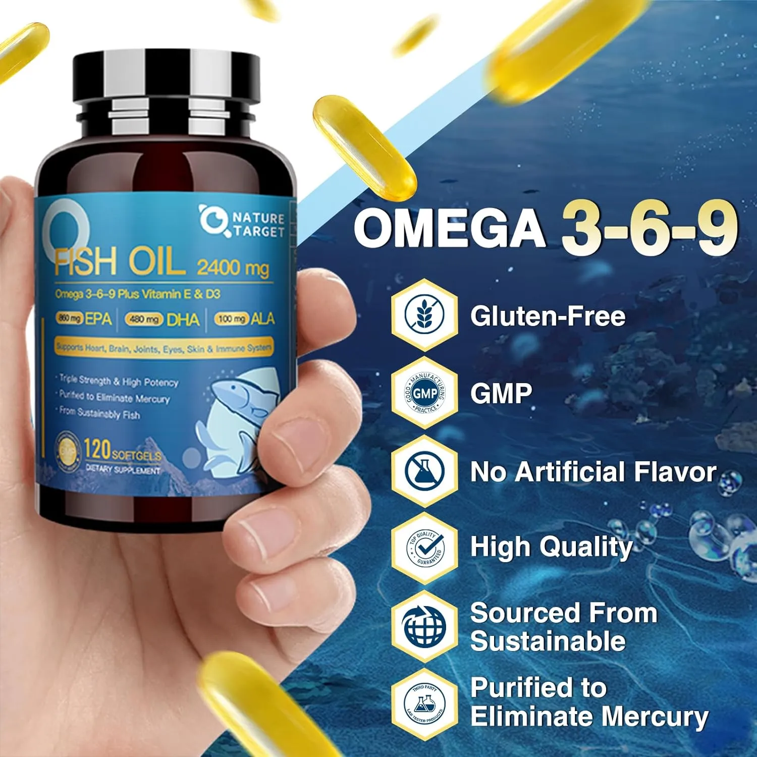 Fish Oil Supplements Softgels with Vitamin D3 & E - EPA & DHA & ALA