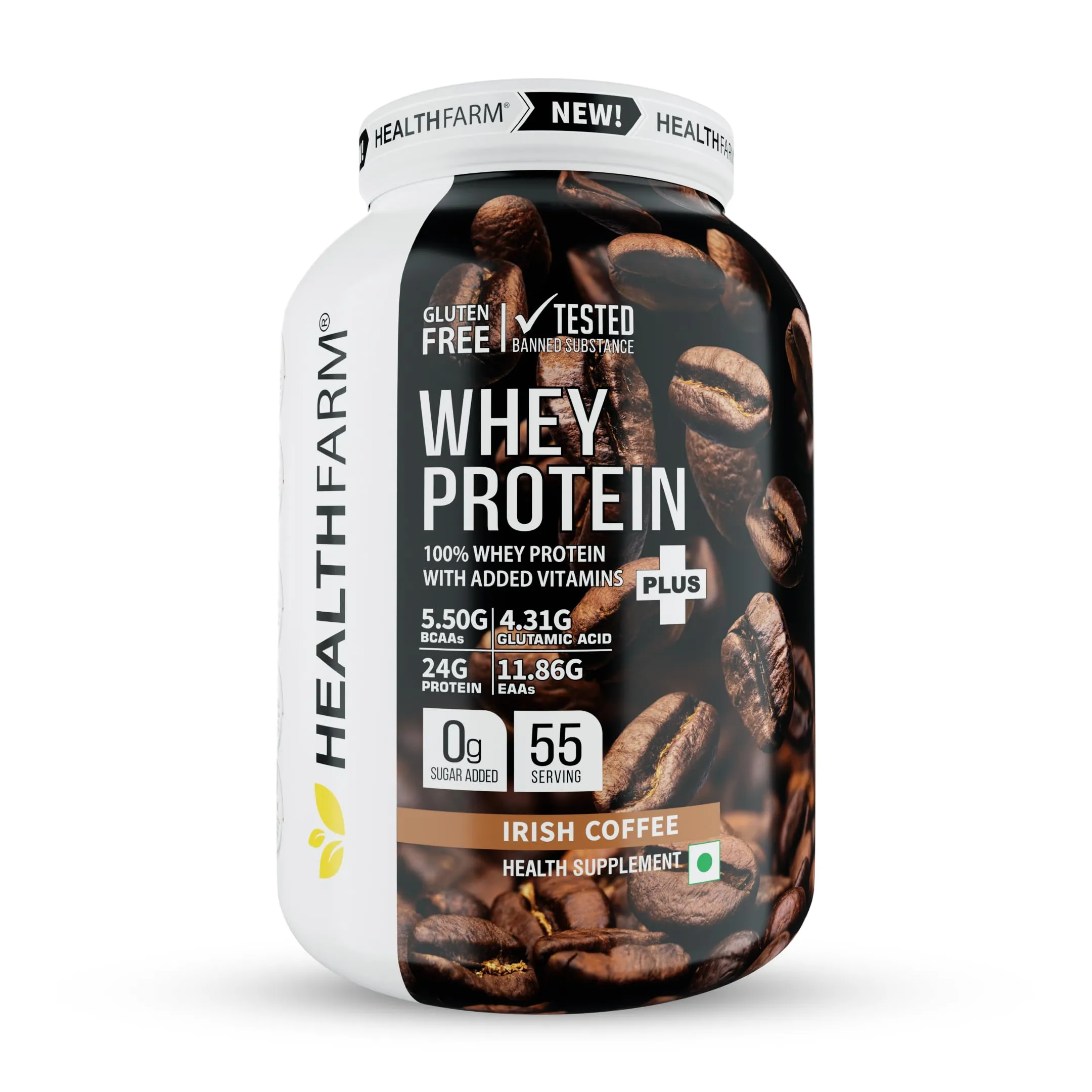 HEALTHFARM Whey Protein Plus With Added Vitamins|58 SERVINGS|24f Protein Per Serving |Build Lean and Bigger Muscles (IRISH COFFEE, 2KG-4.4 lbs)