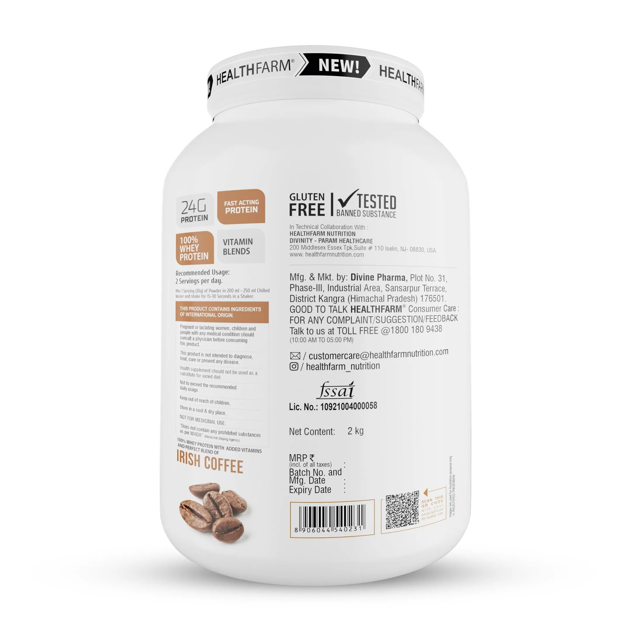 HEALTHFARM Whey Protein Plus With Added Vitamins|58 SERVINGS|24f Protein Per Serving |Build Lean and Bigger Muscles (IRISH COFFEE, 2KG-4.4 lbs)