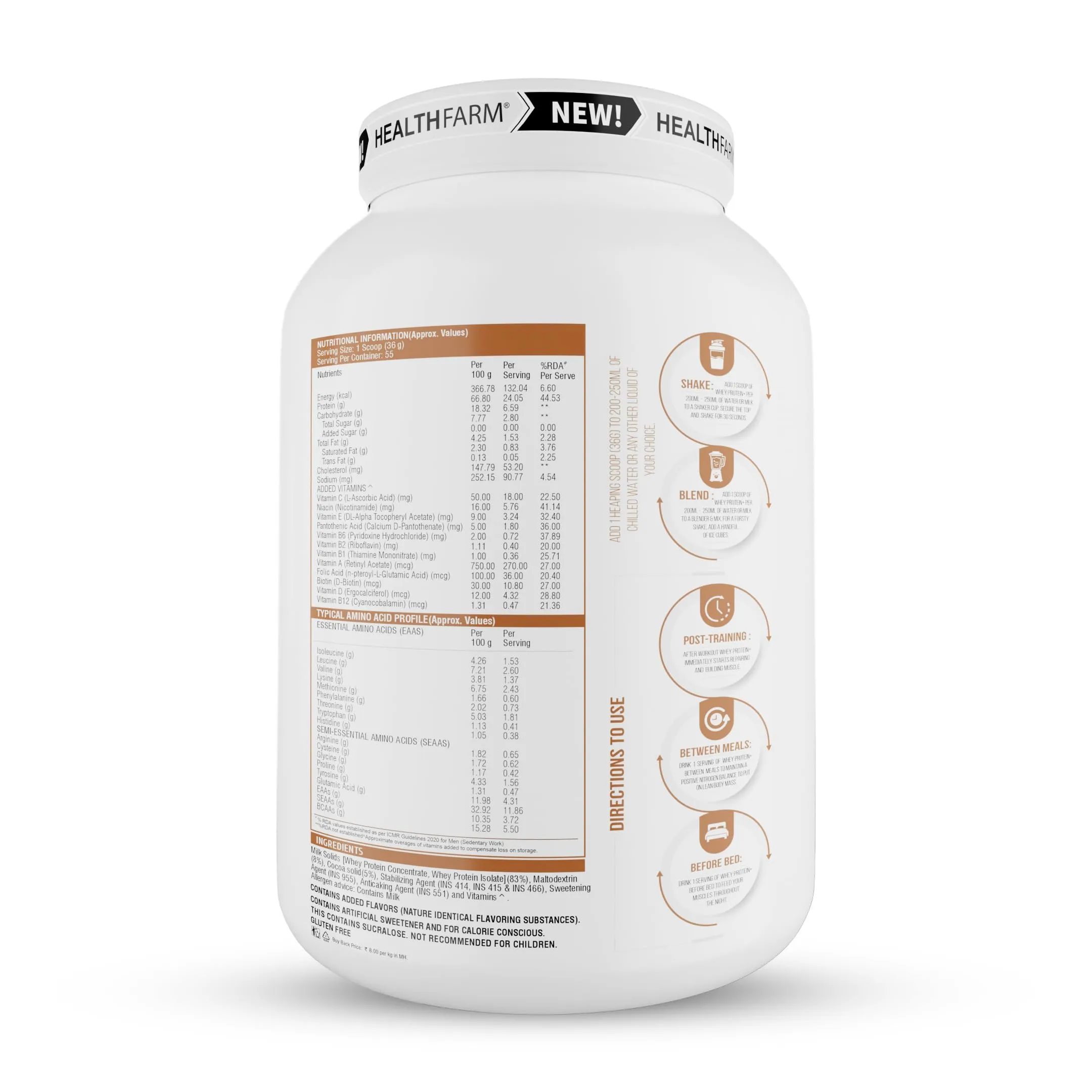 HEALTHFARM Whey Protein Plus With Added Vitamins|58 SERVINGS|24f Protein Per Serving |Build Lean and Bigger Muscles (IRISH COFFEE, 2KG-4.4 lbs)