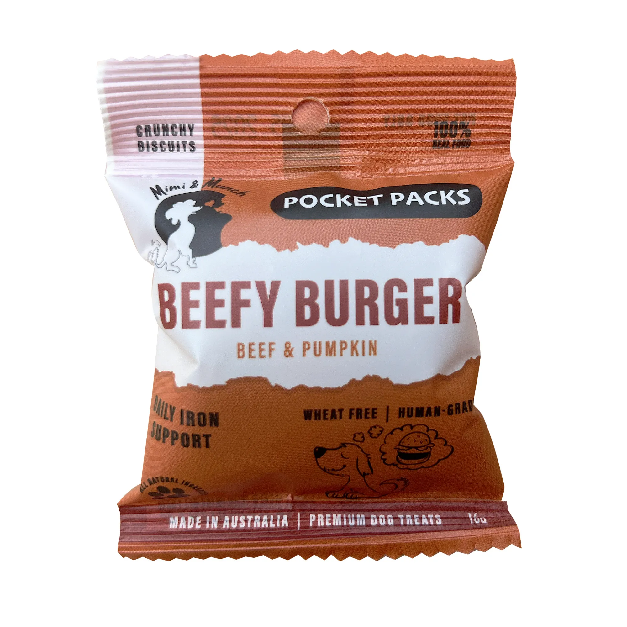 Mimi & Munch Pocket Pack Beefy Burger Natural Wheat Free Biscuits Strip of 5 Mini Packs Dog Treats 80g