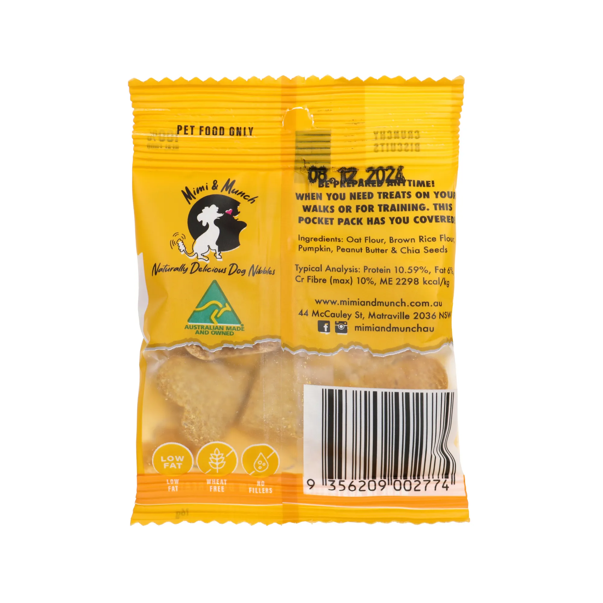 Mimi & Munch Pocket Pack Woofbutter Bakes Natural Wheat Free Biscuits Strip of 5 Mini Packs Dog Treats 80g