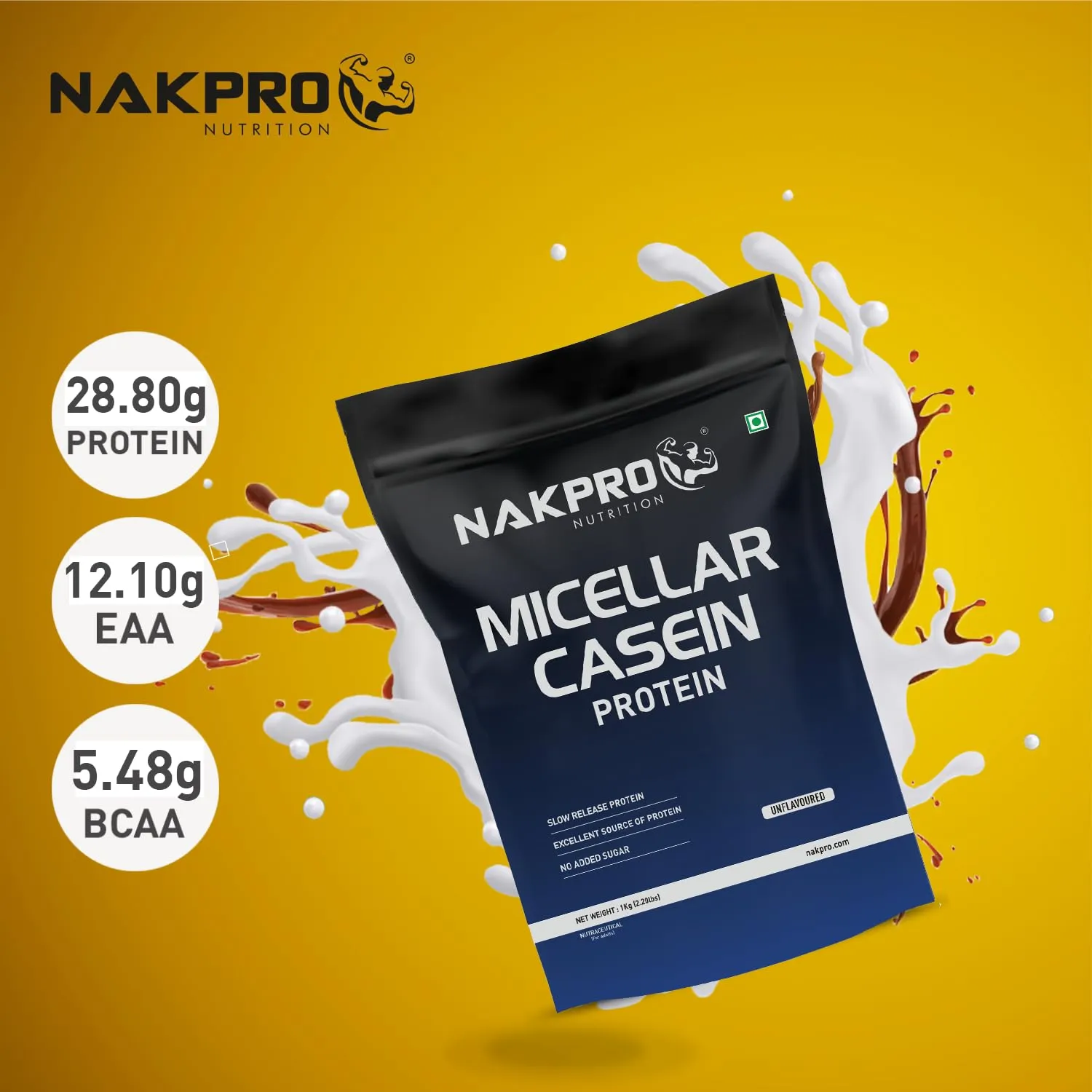 NAKPRO 100% Micellar Casein Protein Supplement | 28.80g Protein, 12.10g EAAs, 5.48g BCAA | Slow Absorbing Micellar Casein Protein Powder (Unflavoured, 2 Kg)