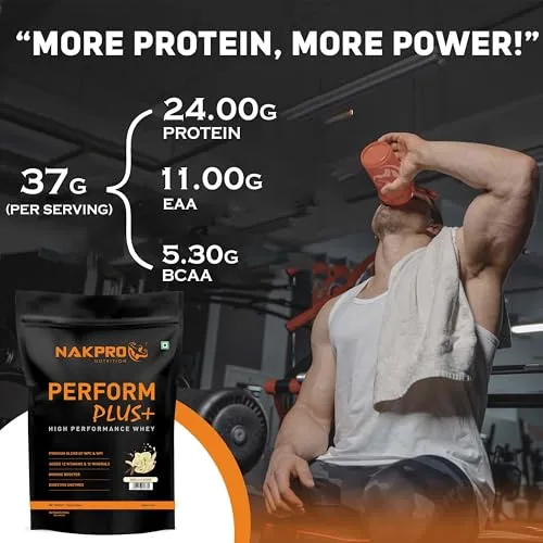 NAKPRO Perform Plus  Whey Protein Concentrate with Digestive Enzymes | 24g Protein, 5.7g BCAA | Easy Mixing, Easy Digesting (1 Kg, Vanilla)