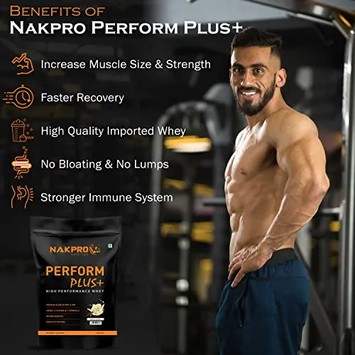 NAKPRO Perform Plus  Whey Protein Concentrate with Digestive Enzymes | 24g Protein, 5.7g BCAA | Easy Mixing, Easy Digesting (1 Kg, Vanilla)