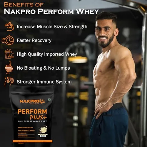 NAKPRO Perform Plus  Whey Protein Concentrate with Digestive Enzymes | 24g Protein, 5.7g BCAA | Easy Mixing, Easy Digesting (1 Kg, Vanilla)