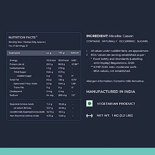 Nutrabay Pure 100% Micellar Casein Protein - 25.9g Protein & 5.5g BCAA, Slow Digesting Anti-Catabolic Protein - 1kg Unflavoured