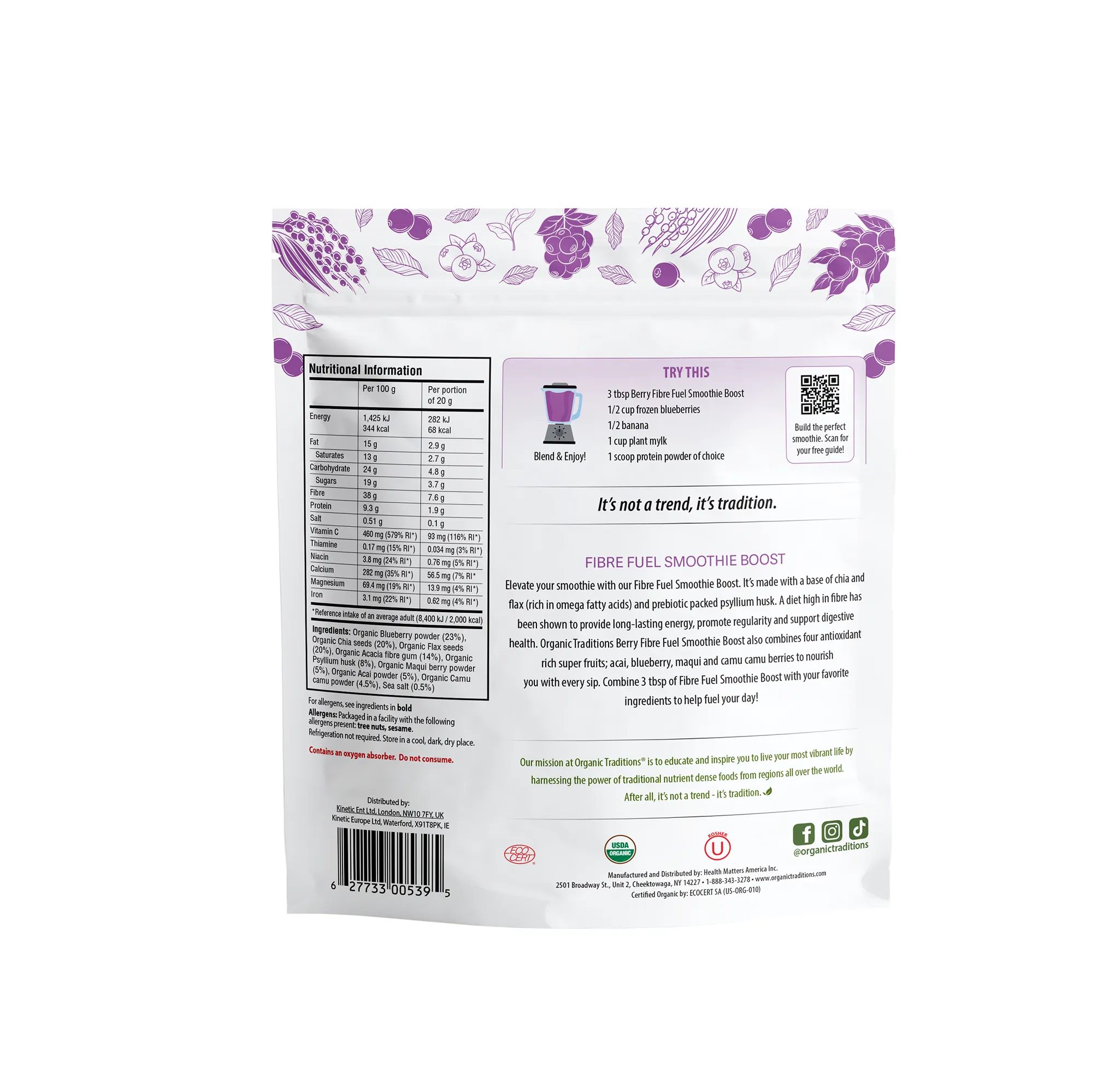 Organic Traditions Fibre Fuel Smoothie Boost - Berry 300g