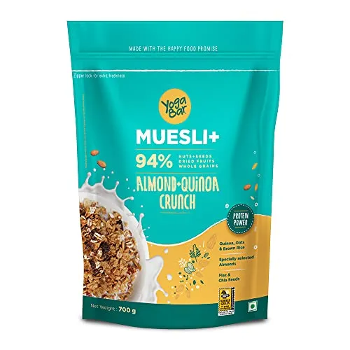 Yogabar Crunchy Muesli 700g | Almond & Quinoa Crunch | Healthy Protein Food & Breakfast Cereal | Added Special Almonds, Quinoa & Whole Grains | High in Iron & Fibre | 100% Vegan & No Preservatives