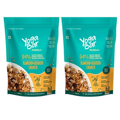 Yogabar Wholegrain Breakfast Muesli - Almond   Quinoa Crunch|Pack of 2 |400gm Each