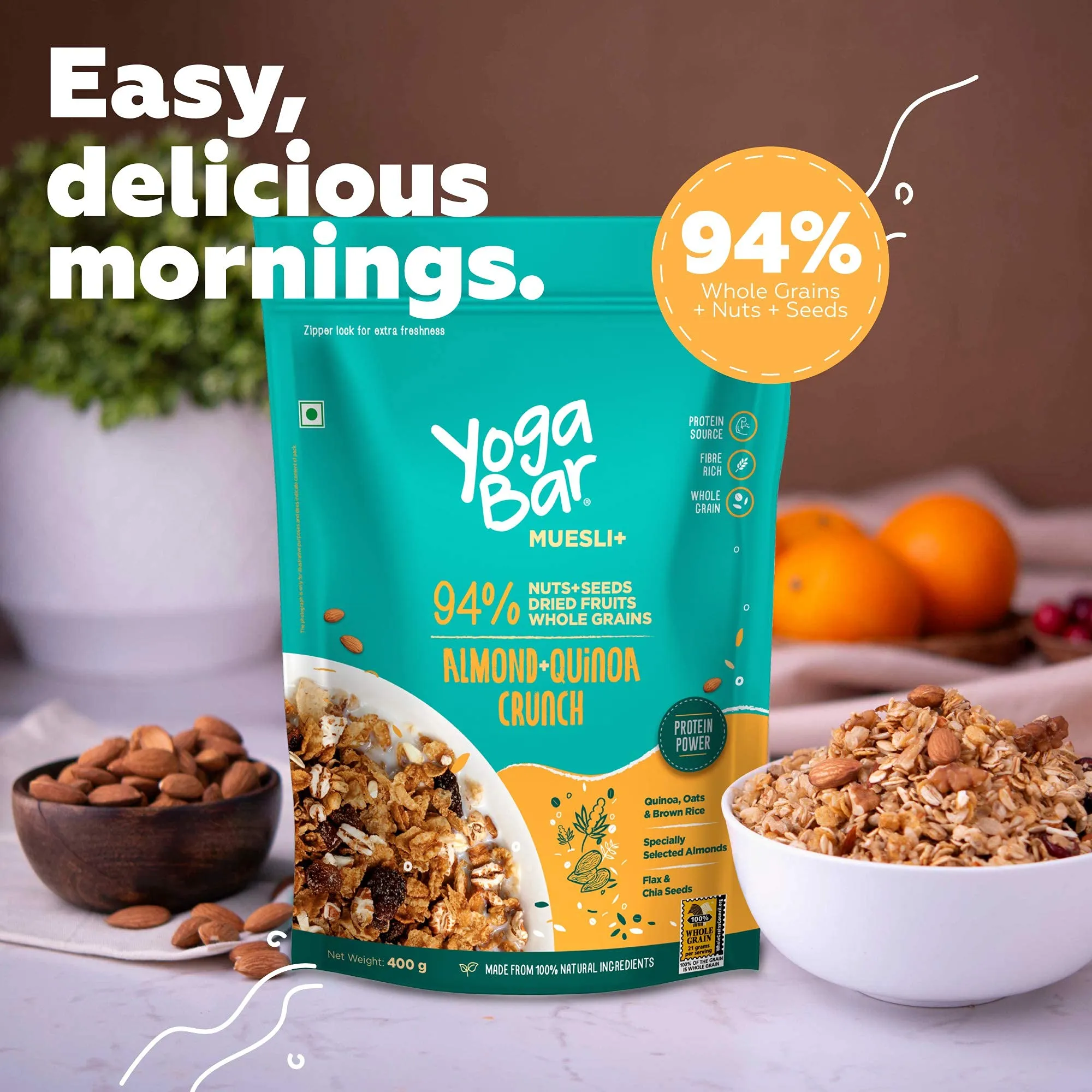 Yogabar Wholegrain Breakfast Muesli - Almond   Quinoa Crunch|Pack of 2 |400gm Each