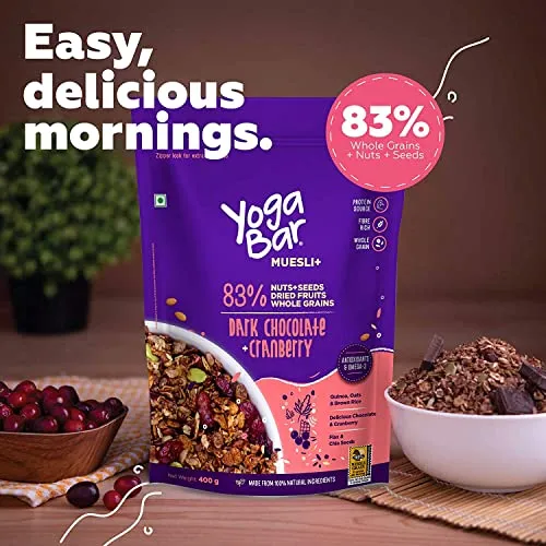 Yogabar Wholegrain Breakfast Muesli - Dark Chocolate   Cranberry, 700g (Pack of 2) (Super Saver Pack) | Healthy Cereals | Granola | Gluten Free | Antioxidant & Protein Rich