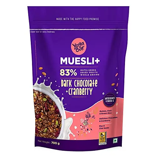 Yogabar Wholegrain Breakfast Muesli - Dark Chocolate   Cranberry, 700g (Pack of 2) (Super Saver Pack) | Healthy Cereals | Granola | Gluten Free | Antioxidant & Protein Rich