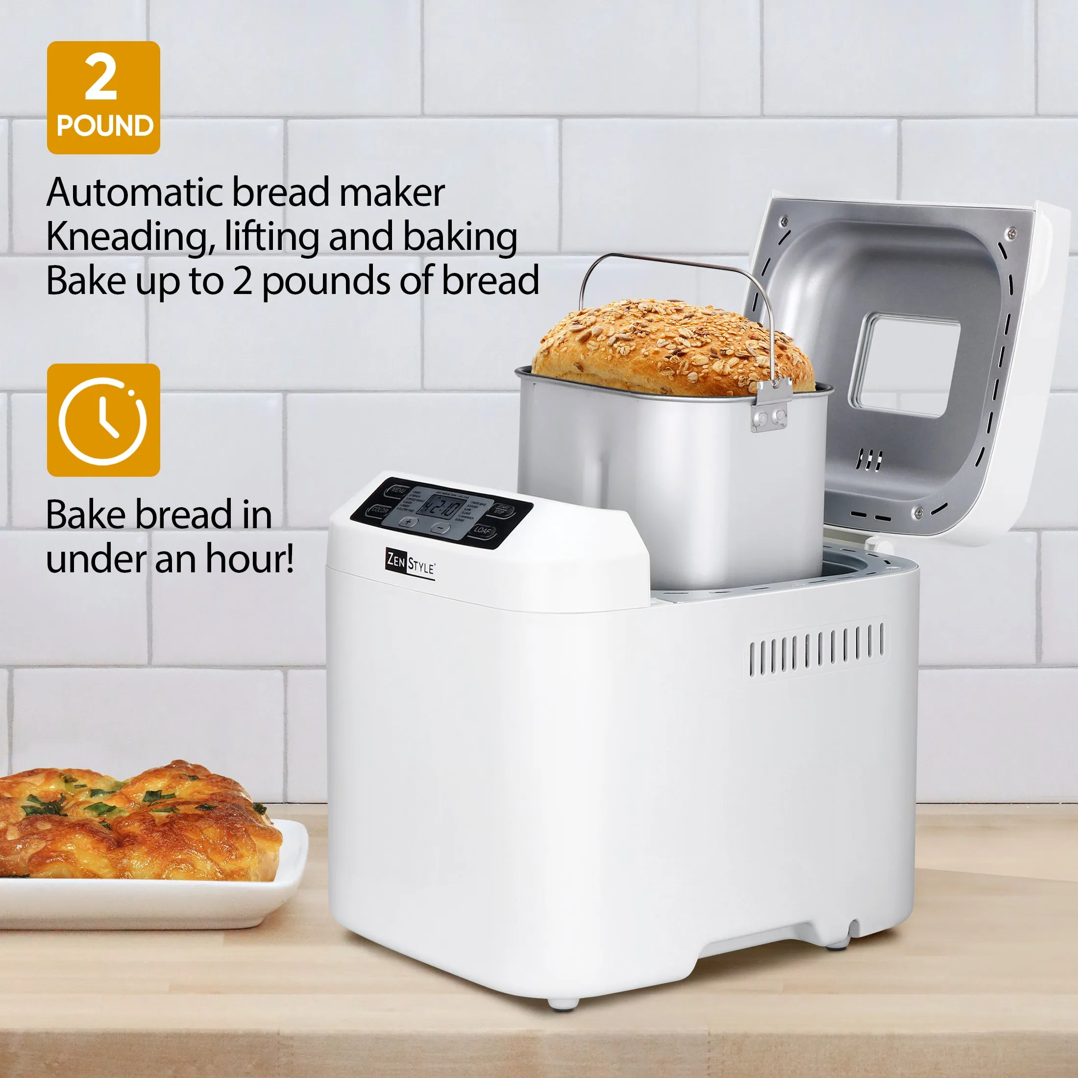 ZENY™ Bread Maker Machine 2 Lb Capacity Digital, Programmable 12 Settings, Dishwasher Safe Pan, White